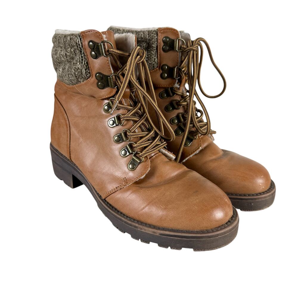 Mia Maylynn Womens Boot Size 8.5M Tan Knit Cuff Lug Sole Moto Hiking Winter